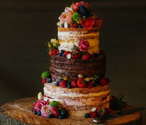 Wedding, Cake, Autumn, Fall, Chocolate, Rustic, Naked, Orange, Purple, Salted Caramel